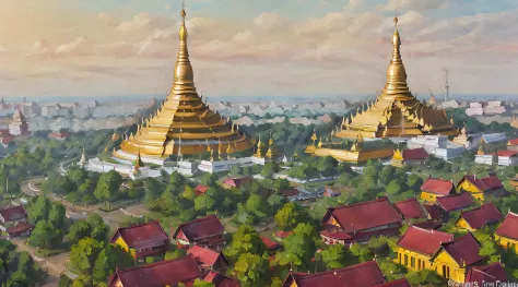 Shwedagon pagoda,(( Burma, Rangoon)), In the style of oil painting,  Concept  art, old buildings, down town,70's style, masterpi...