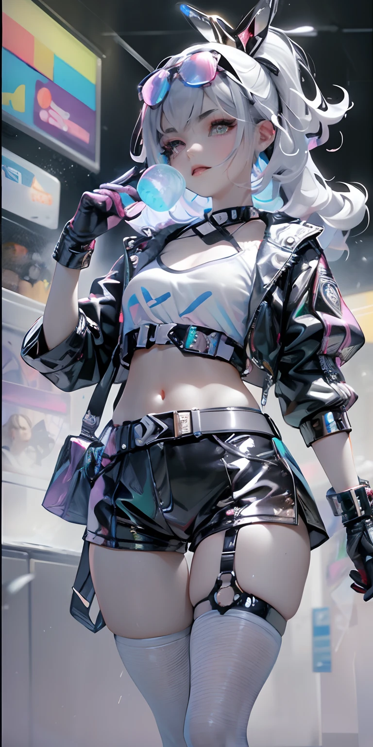 full body, 1girl, loli, solo, Eye focus,Masterfully crafted Glow, pink lens flare, Cinematic background,colourful, hyper details, hdr, ultra detailed eyes, mature, plump, rainbow painting drops,(supermodel:1.3), made up from paint, entirely paint, splat, splash, indoors, (bioluminescent hair:1.1),(glowing eyes),  ((makeup)), fierce, powerful, splashes of colour absolutely eye-catching, dynamic angle, beautiful detailed glow, ambient occlusion, ambient light, raytraced reflections, retro style, living arcade characters, arcade style world, gloves, jacket,weapon, shorts, black gloves, black jacket, gun, drill hair, black shorts, eyewear on head, bubble blowing, chewing gum, (Cute face:1.3),