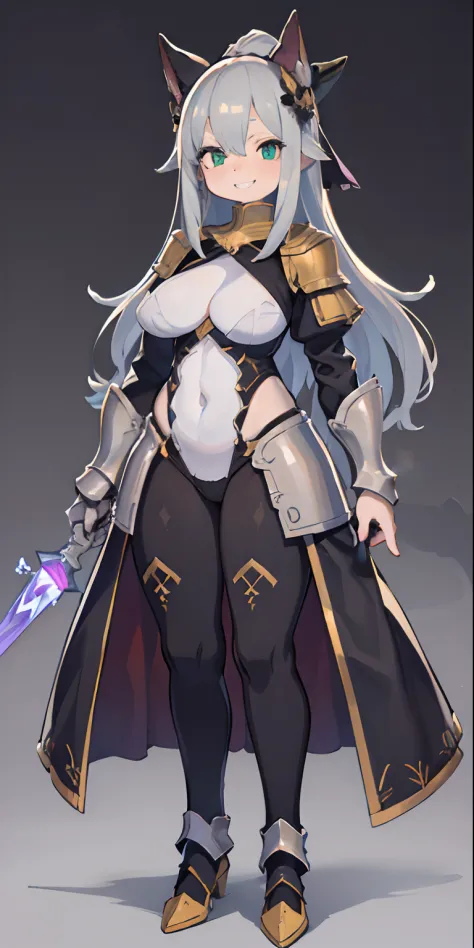 ((perfect anatomy)), a woman, 25 years old, green eyes, eyebrows, nose, hearing, mouth, detailed lips, teeth, hair, (smiling), big silver hair, neck, big chest, perfect belly, waist, armor Silver, details on the armor, medieval armor style, (covering full ...