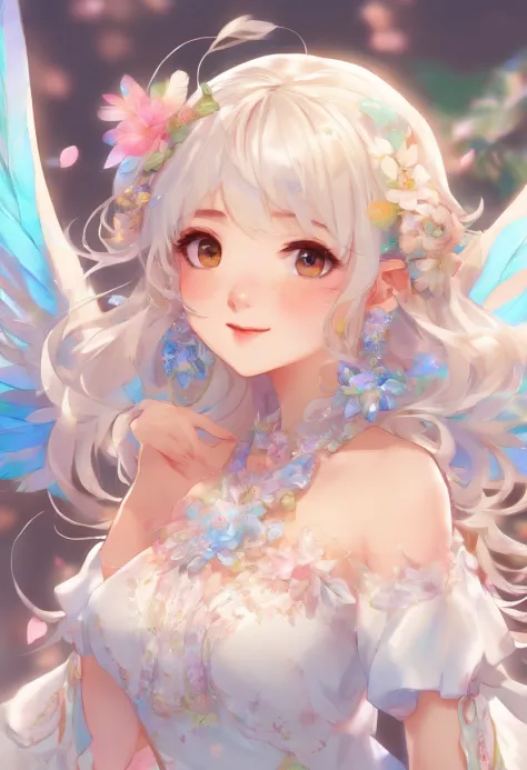 girl harpyja with wings, hair bobbles, wince, longeyelashes, solid circle eyes, light smile, ear blush, fang, drop shadow, pov, atmospheric perspective, 8k, super detail, accurate, best quality, white hair, cute sticker girl, anime, adult woman, wings, vtu...