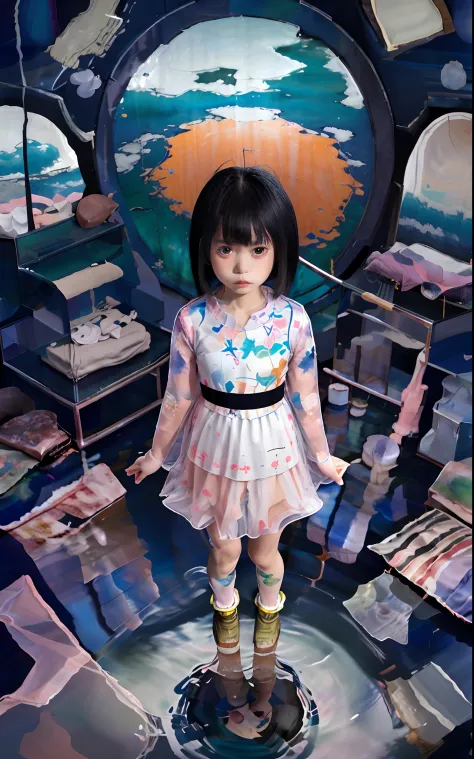 Painting of a little girl standing in a room with a mirror, junji ito 4 k, inspired by Josan Gonzalez, pop japonisme 3 d ultra d...