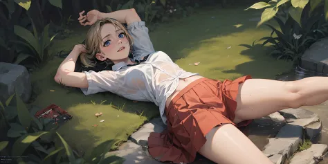 (blonde hair:1.4), blue eyes, low ponytail, (plump:1.2), 1girl, solo, wet, flower, lying, skirt, wet_clothes, see-through, on_back, looking_at_viewer, breasts, red_skirt, wet_shirt, shirt, outdoors, medium_breasts, water, blush,  pleated_skirt, bare_legs, ...
