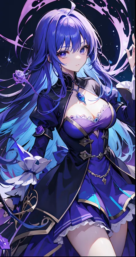 Blue-purple-haired sorceress，She is a dignified and elegant fairy，With a blue-purple pendant and wearing a blue-purple magic dress