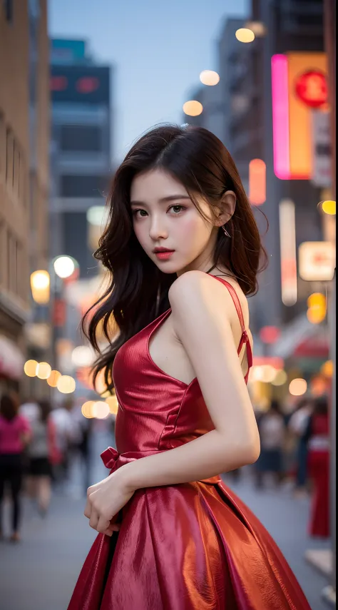Lovely 17 year old woman, Long brown hair, Brown eyes, Sexy expression，Random actions,Red evening dress,the street lights,neonlight,Bustling street background,(Thin waist:1.1,Princess Eyes),  High quality, Masterpiece, Highly detailed，Seductive eyes