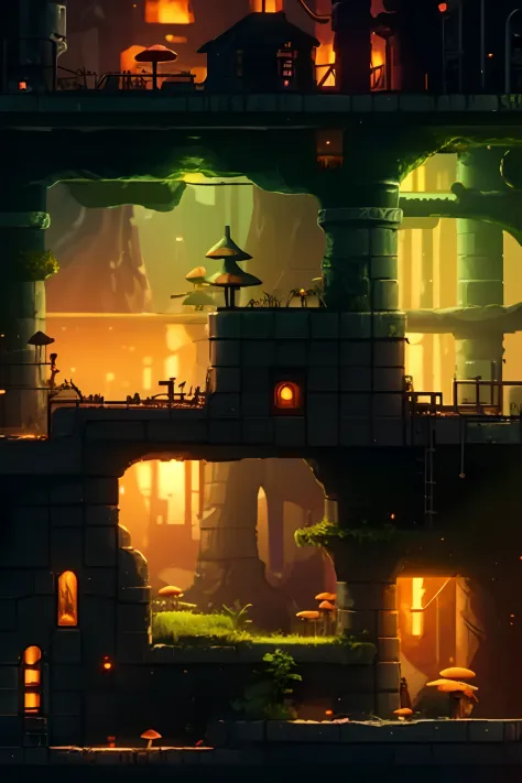A platform game city inside a cave, torch lights, mushrooms, concrete, pipes, scifi, glowing trees, 3D::style, sidescroller,