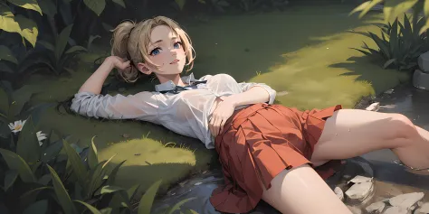 (blonde hair:1.4), blue eyes, low ponytail, (plump:1.2), 1girl, solo, wet, flower, lying, skirt, wet_clothes, see-through, on_back, looking_at_viewer, breasts, red_skirt, wet_shirt, shirt, outdoors, medium_breasts, water, blush,  pleated_skirt, bare_legs, ...