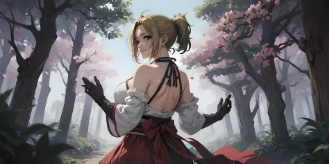 (blonde hair:1.4), blue eyes, low ponytail, (plump:1.2), 1girl, tree, cherry_blossoms, flower, solo, breasts, looking_at_viewer, hair_flower, looking_back, bare_shoulders, detached_sleeves, outdoors, tree_branch, large_breasts, day, petals, gloves, choker,...