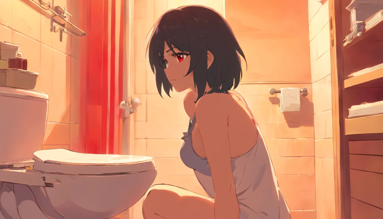 Anime girl sitting on the floor in a bathroom with a toilet - SeaArt AI