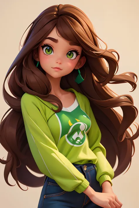 a drawing of a woman with long brown hair and a green top, a digital painting inspired by loish, tumblr, digital art, disney art...