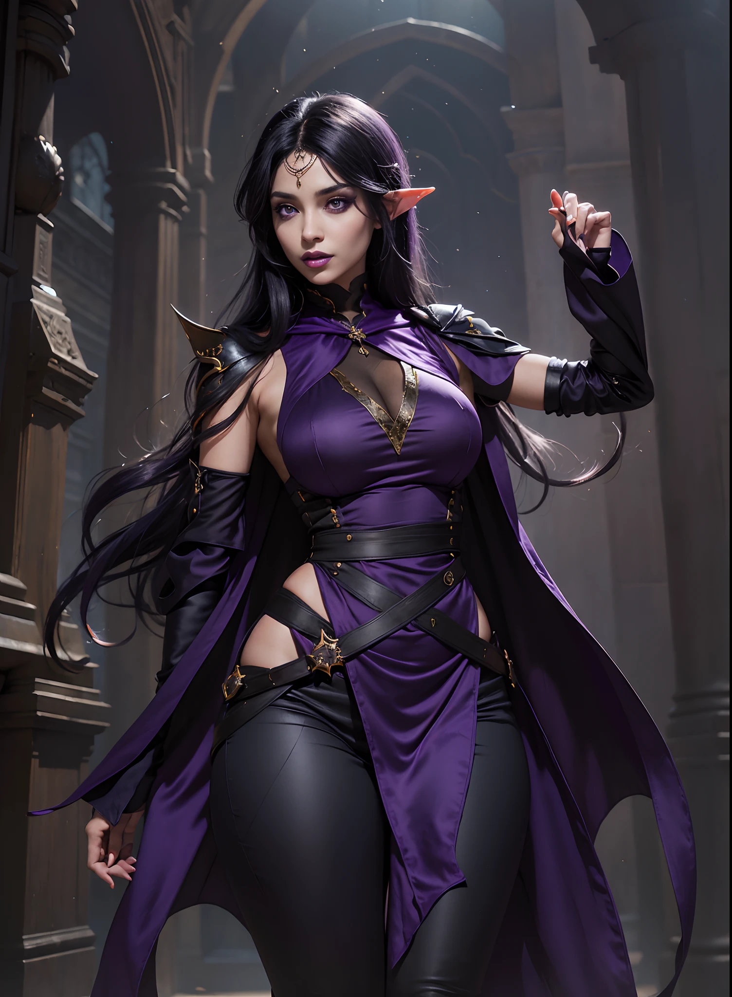 modelshoot style, (extremely detailed CG unity 8k wallpaper), full shot body photo of the most beautiful artwork in the world, beautiful woman, (((vivid purple eyes))), half-elf female wizard, conservatively dressed, modestly dressed, (buttoned up black sleeveless longcoat), (purple sleeves), (tight grey pants), (purple silk scarf), tied back silky shoulder length detailed black hair, (((fully clothed))), (dark gothic makeup), very light brown skin, (enormous breasts), small pointy ears, wide hips, hourglass figure, big booty, beautiful complexion, confident, alluring, gorgeous, Persian, powerful, magical realism, cinematic lighting