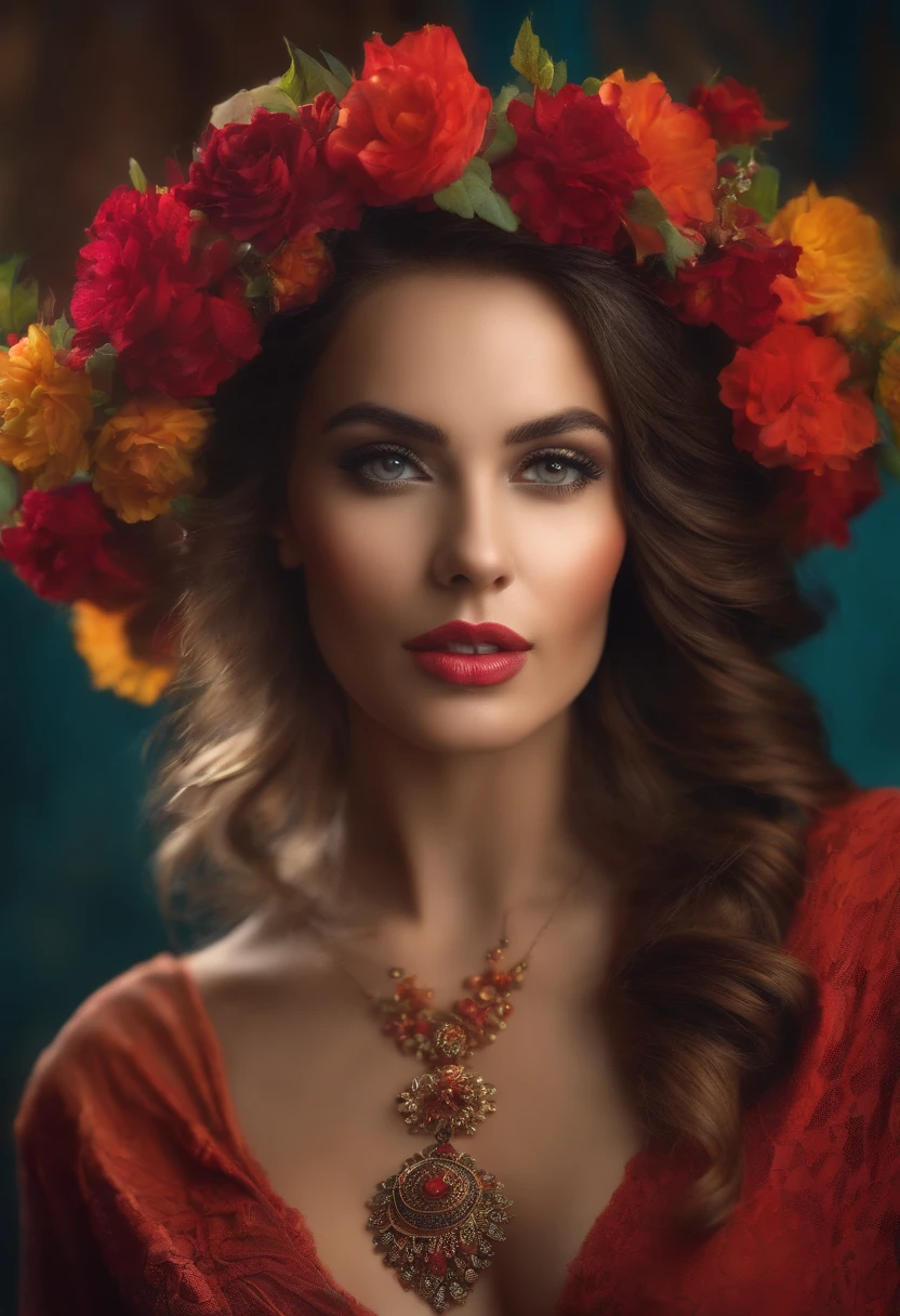 A woman with a flower crown on her head and a red dress - SeaArt AI