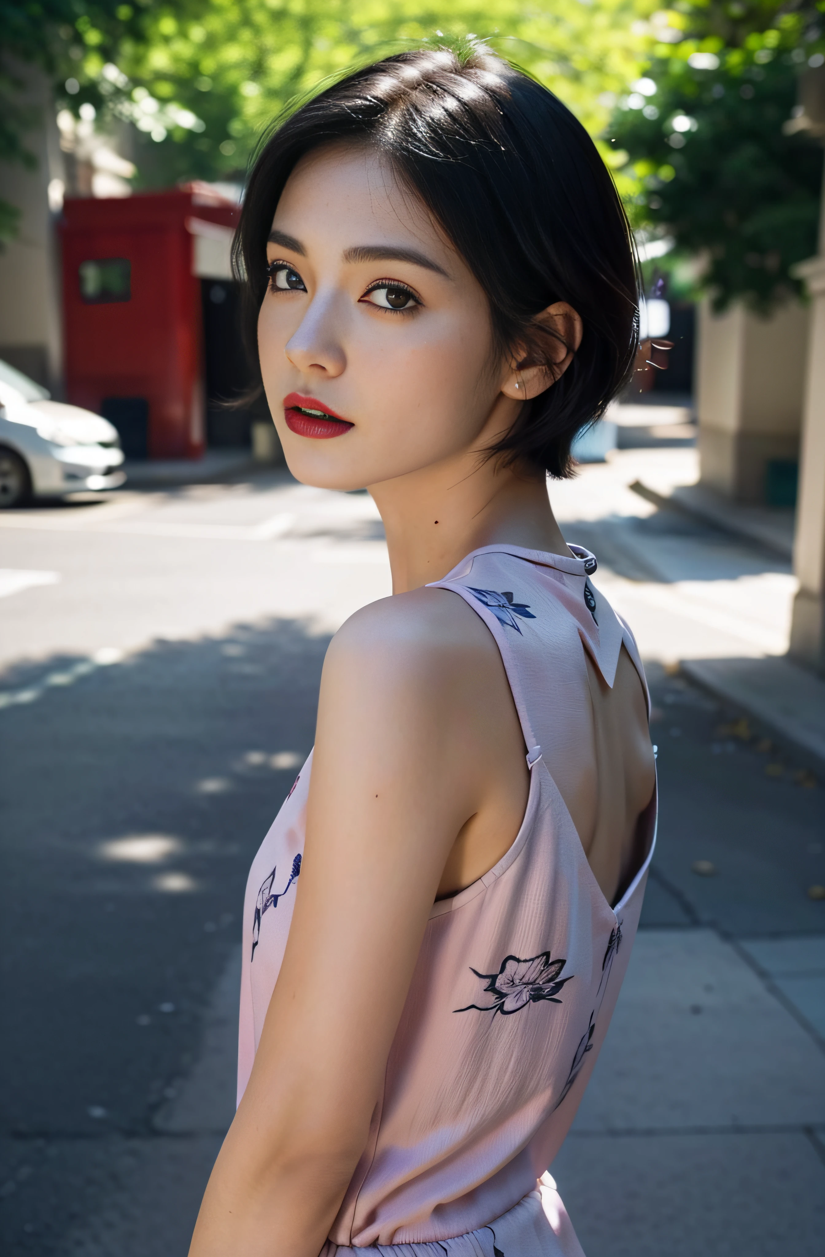 (purple printed china dress),1 girl,(short hair:1.1), (arms behind back:1.1),(realistic:1.7),((best quality)),absurdres,(ultra high res),(photorealistic:1.6),photorealistic,octane render,(hyperrealistic:1.2), (photorealistic face:1.2), (8k), (4k), (Masterpiece),(realistic skin texture), (illustration, cinematic lighting,wallpaper),( beautiful eyes:1.2),((((perfect face)))),(cute),(standing),(black hair),(short hair),black eyes,red lips, (outdoors),