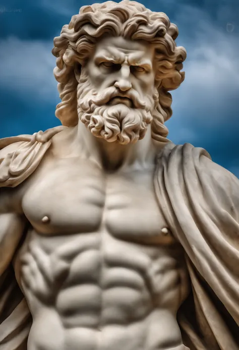 High-resolution marble sculpture of a beautiful full-length Roman God looking fiercely angry and aggressive, power and strength demonstration, olhos expressivos ferozes, HDR, 8k, fundo escuro, imagem escuro, Image angle from top to bottom