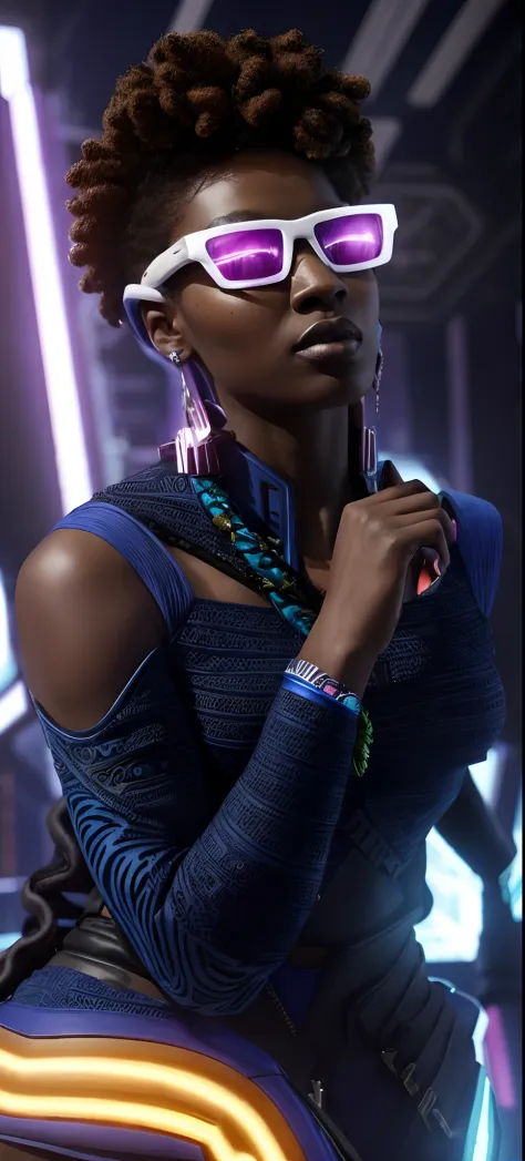Afrofuturism, a light skin woman wearing a dark blue ((afrofuturistic tribal clothes)), dreadlocks top hair, cyber punk City in ...