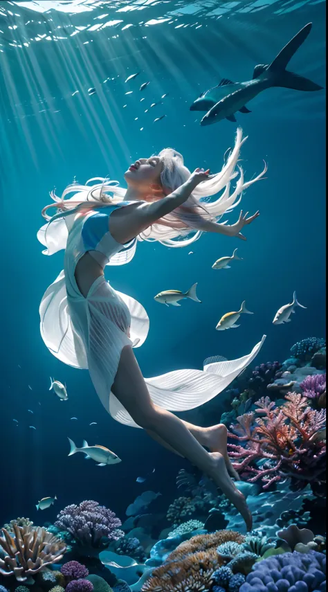 Conceptual art of marine life, Undersea landscape, Marine life，Beautiful coral reefs come in different shapes, 。.。.3D，, Fish, Female animated fantasy illustration. Long white hair scattered in the sea, Drift, Very harmonious. The whole painting adopts a me...