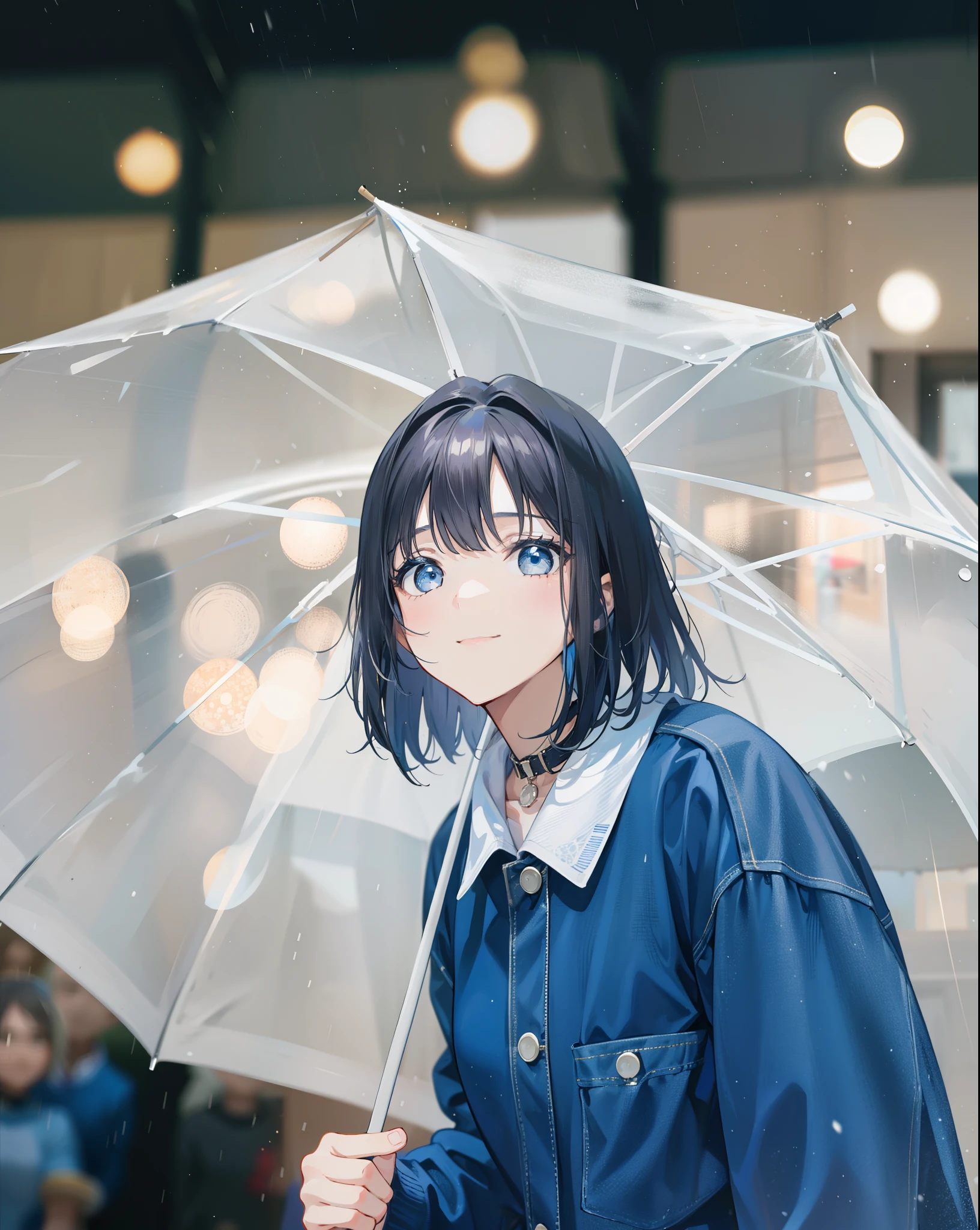 1名来自韩国的女孩, 短发刘海的漂亮女孩, 漂亮的眼睛, 尖鼻子和微笑, 穿着蓝色 Levis 夹克和浅黄色衣领, 撑着白色透明雨伞, 手里拿着伞, 面向观众, 模糊的背景, 中等天气 有雨