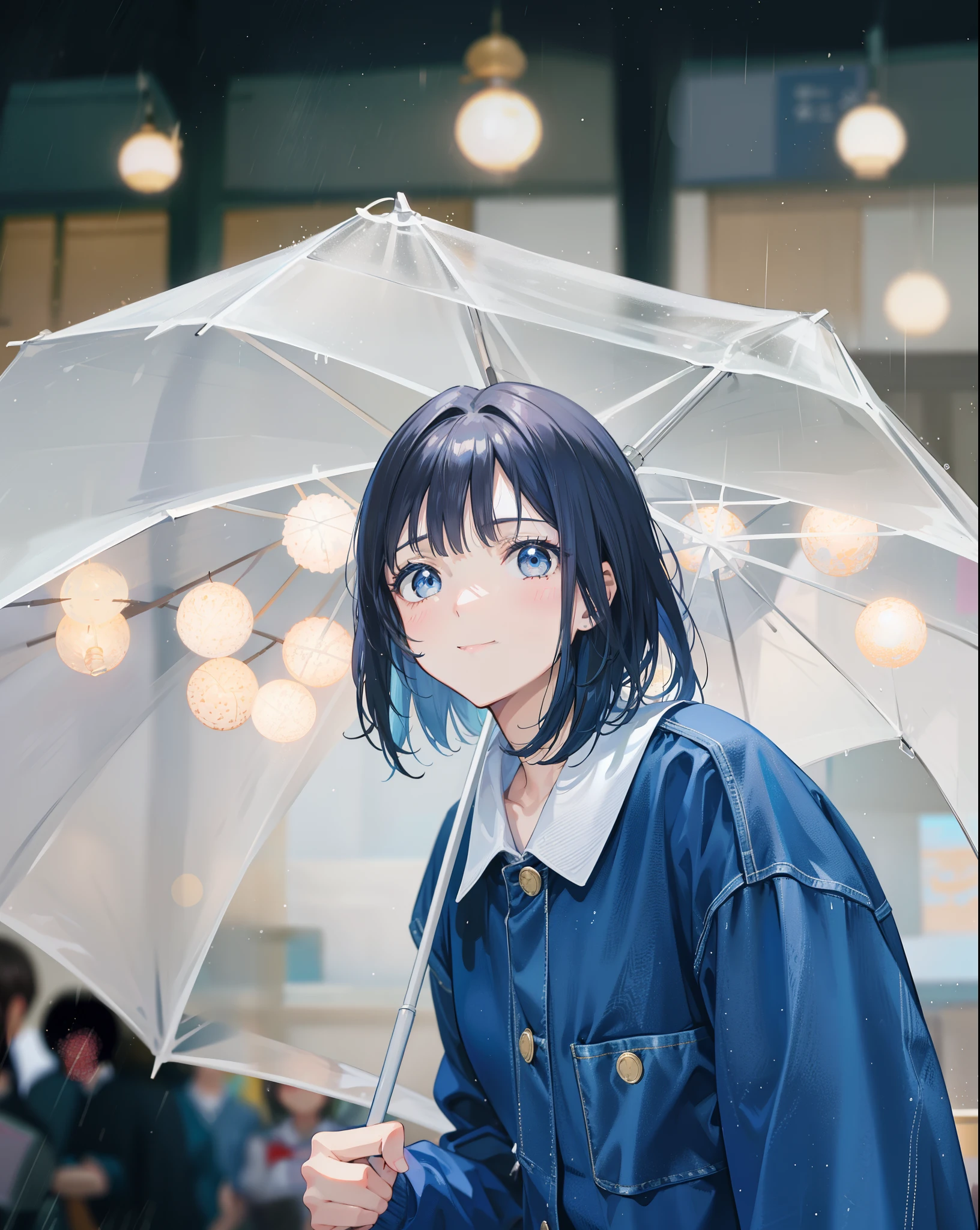 1 garota da Coreia, linda garota com cabelo curto e franja, olhos lindos, nariz afiado e sorriso, vestindo uma jaqueta azul levis e gola amarela clara, carregando um guarda-chuva branco transparente, segurando o guarda-chuva na mão, de frente para o público, fundo desfocado, tempo moderado Chuva