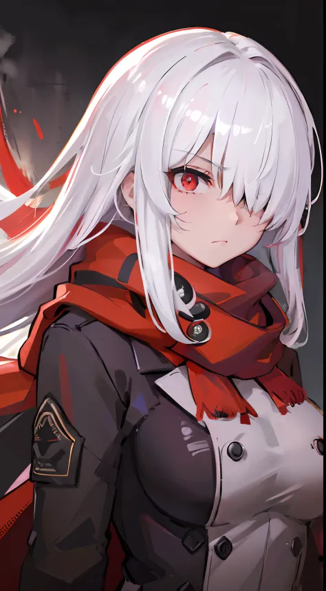 ((Best quality)), 1girl, white hair, red coat, military coat, large breasts, red eyes, long hair, hair over one eye, red scarf,