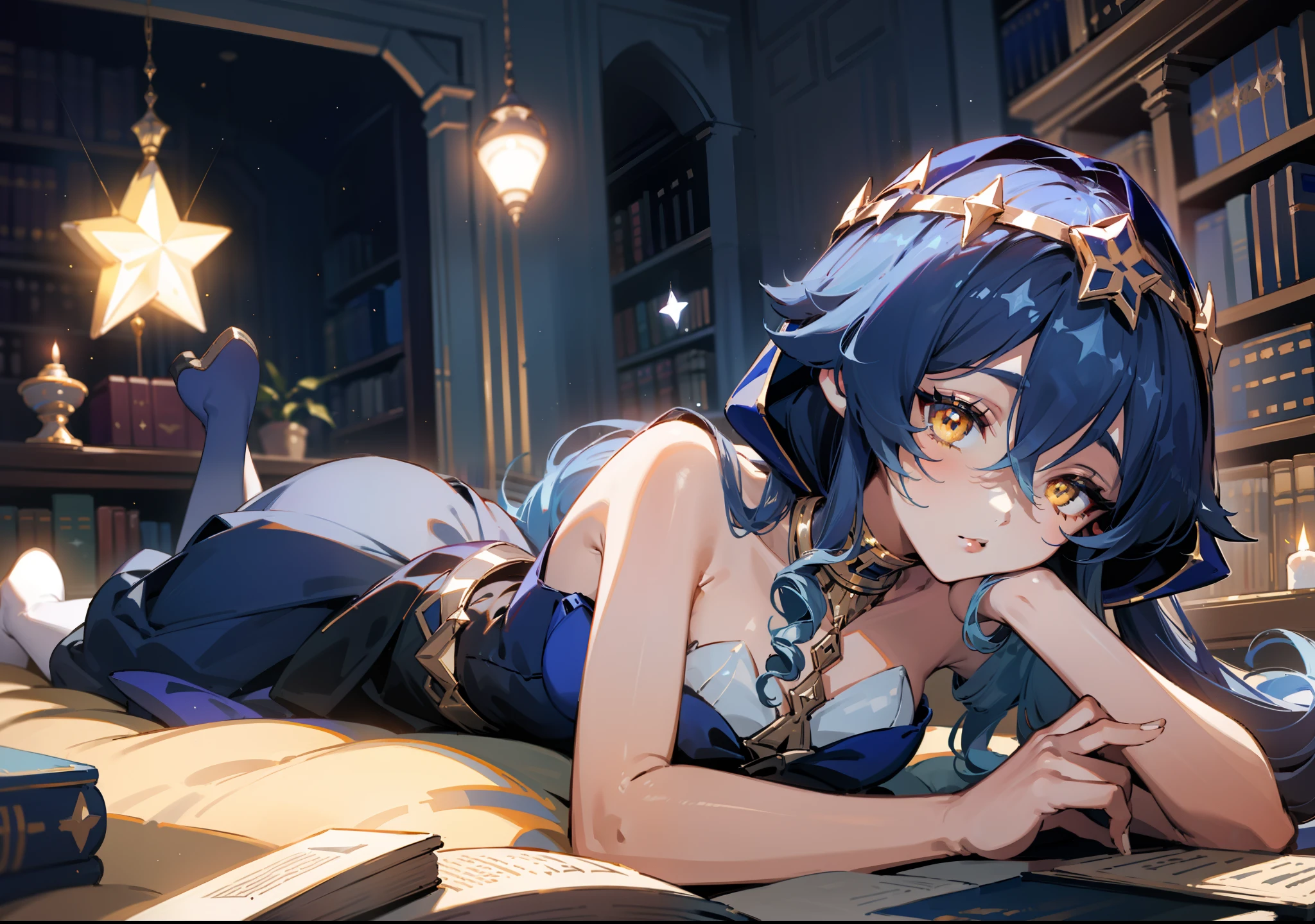 (1girl), illustration, Layla \(Genshin Impact\), choker, star \(symbol\), golden eyes, yellow eyes, glowing eyes, eyes with stars, earrings, gold jewelry, blue skirt, blue dress, amazing body, laying down, lying down, lying on back, laying on back, comfortable, radiance, reading book, book, library, night, candle light, warm lighting, dynamic perspective, fisheye view