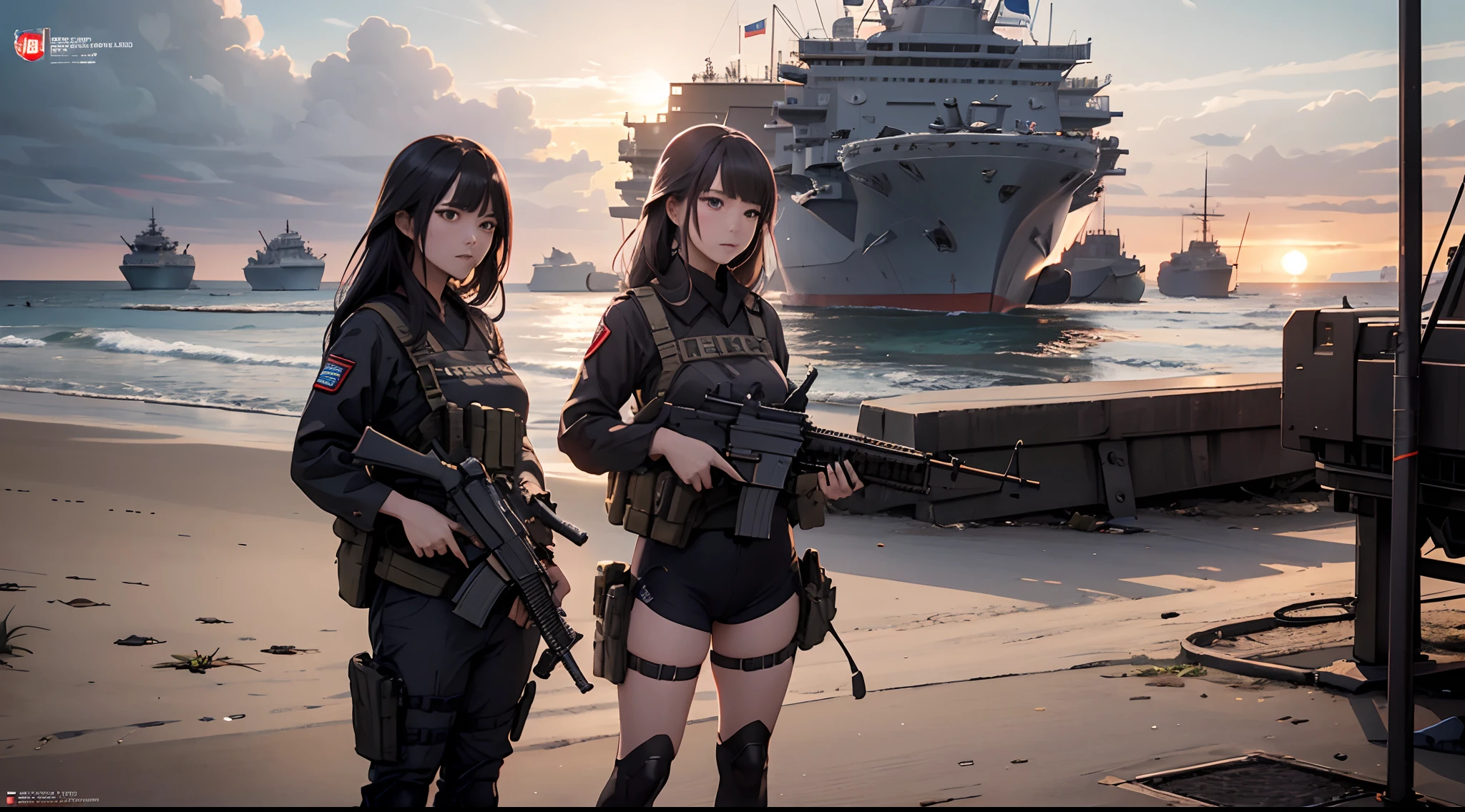 binh，female pervert，The United Nations emblem is on the arm，Armed with a firearm，M16 assault rifle，At military bases，Several F22s with aircraft carriers were parked behind，beachside，quadratic element，karo，sunraise，photorealestic，cinematic ligh，promotional poster