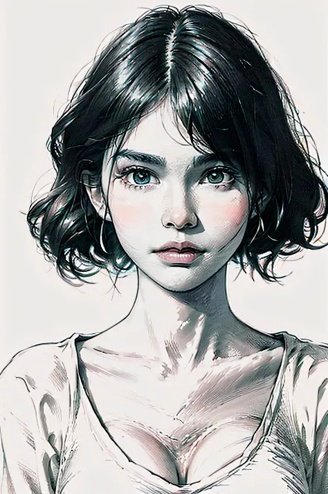 portrait,sketch,monochrome,escala cinza,((blush)),1girll,((cowboy shot)),((close-up)), ((closed mouth)), short hair,white t-shir...