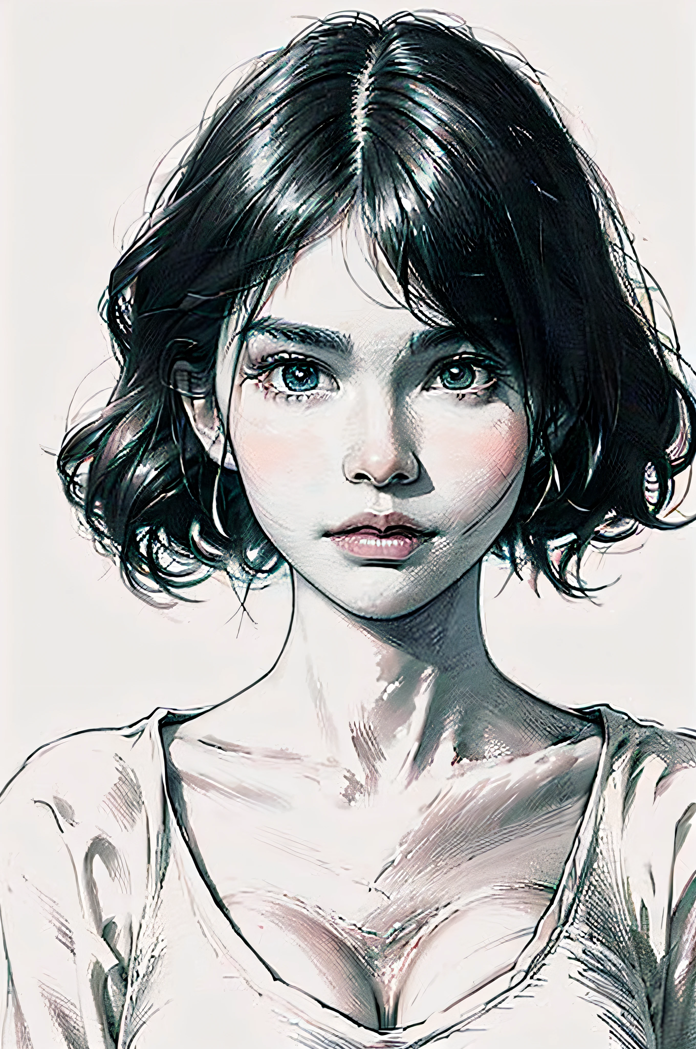 Portrait,Sketch,monochrome,escala cinza,((Blush)),1girll,((Cowboy shot)),((Close-up)), ((Closed mouth)), Short hair,White T-shirt, Large breasts, view the viewer,standing,Upper body, ((Simple background)),White background,