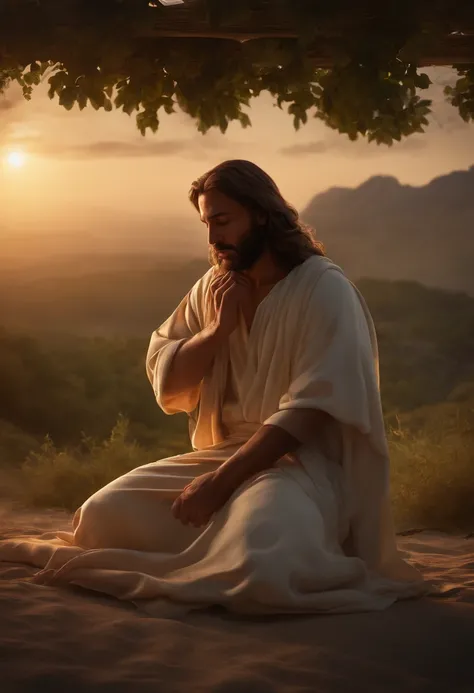 Jesus praying on his knees at dawn., ultra hd, realistic, vivid colors ...