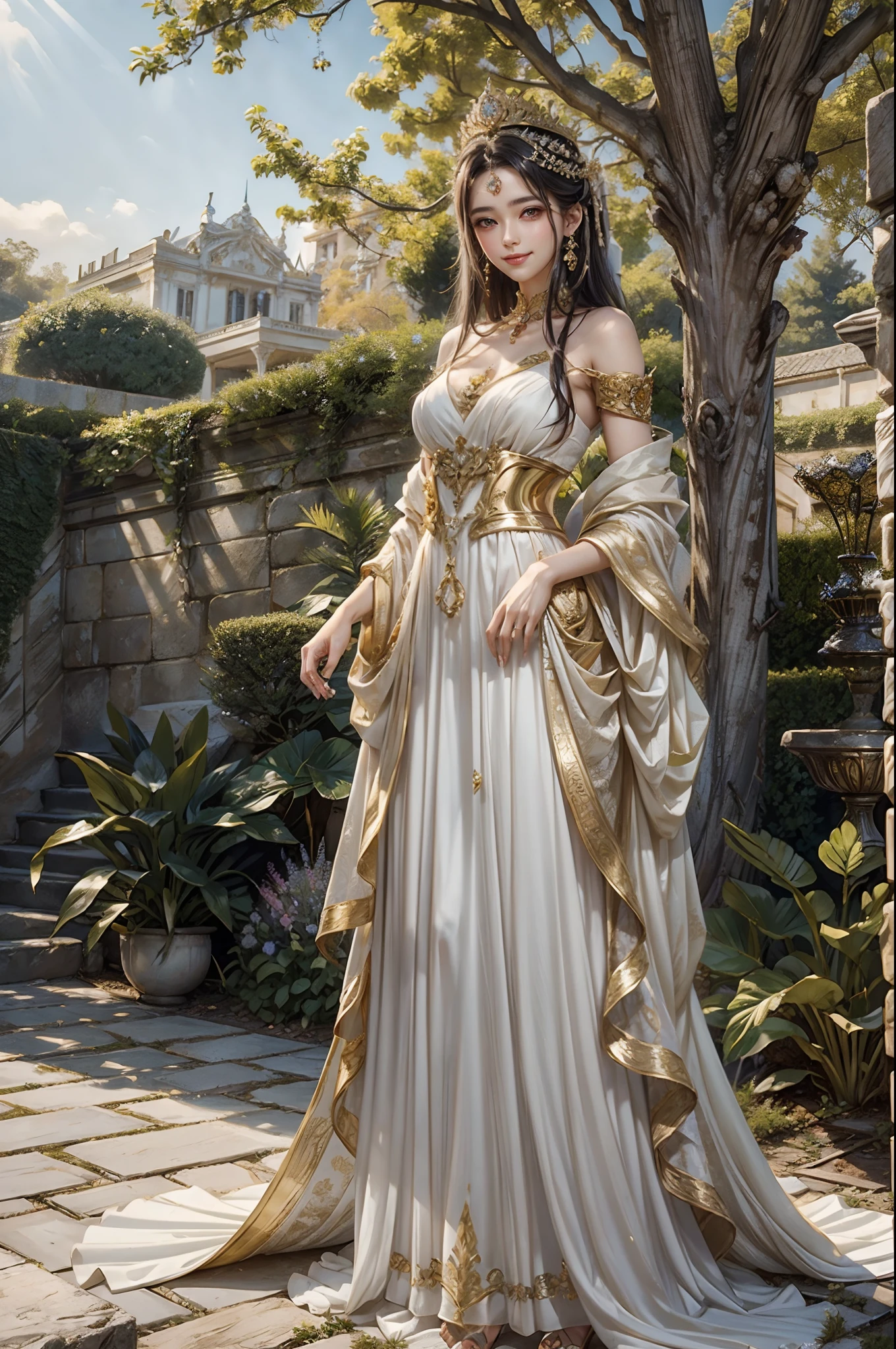 (tmasterpiece) (Best quality) One dressed in white，Beautiful woman with a crown of gold leaf on her head. She stood in a beautiful garden，Stand in front of the camera，With a beautiful smile in a natural pose....... Movie quality