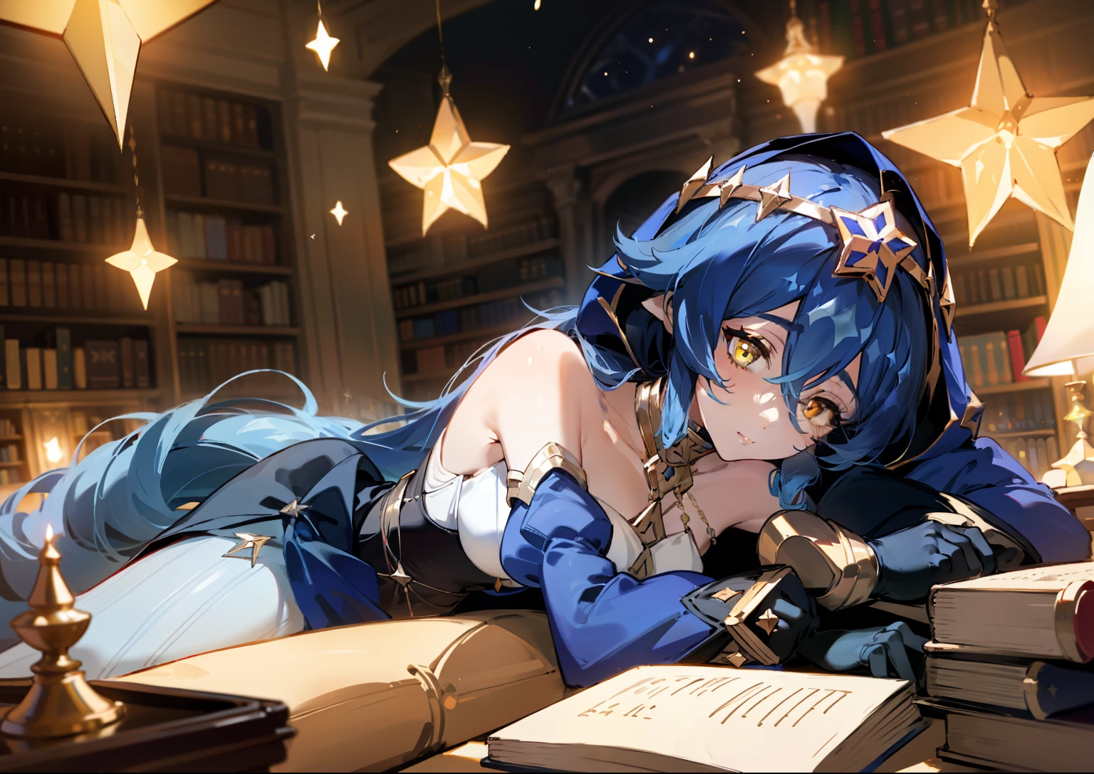 (1girl), illustration, Layla \(Genshin Impact\), choker, star \(symbol\), golden eyes, yellow eyes, glowing eyes, eyes with stars, earrings, gold jewelry, blue skirt, blue dress, white stockings, amazing body, sexy, laying down, lying down, lying on back, laying on back, comfortable, radiance, reading book, book, library, night, candle light, warm lighting, dynamic perspective, fisheye view