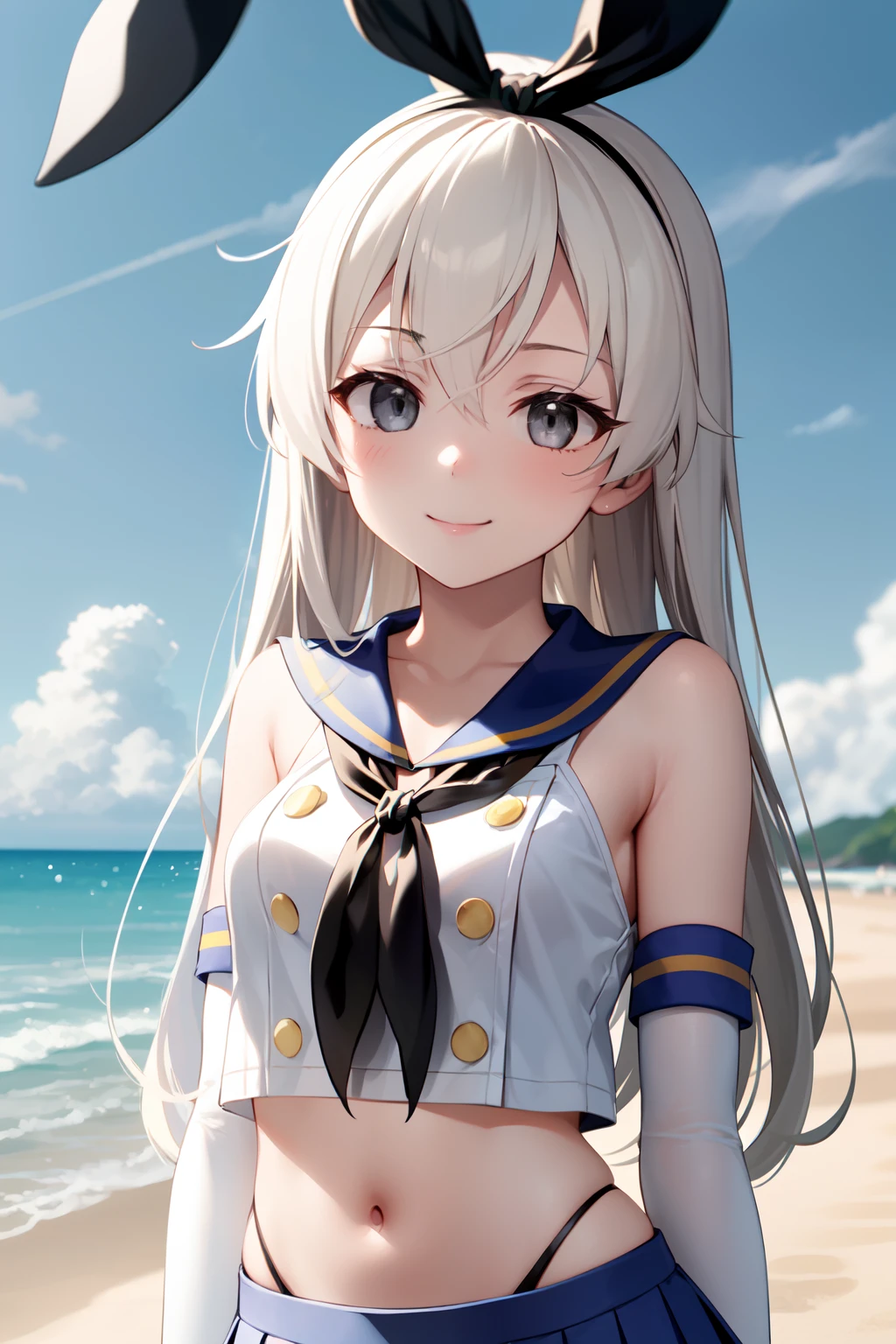 extrem detailliert, sanfte Umgebungsbeleuchtung, 4K, Qualität, 1 Mädchen, Allein, Oberkörper, shimakaze \(kancolle\), blondes Haar, lange Haare, graue Augen, graue Schwertlilien, Marionette, lächeln, weiße Ellenbogenhandschuhe, Kurzes Top, Faltenrock, Höschen mit hohem Beinausschnitt, draußen, Strand, Tag, Wolken,