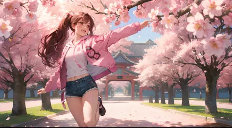 An 18-year-old woman, , red eyes, Pink highlights on brown hair, long twin tail hair， blurry backround，Scenic，cherry trees, ssmi...