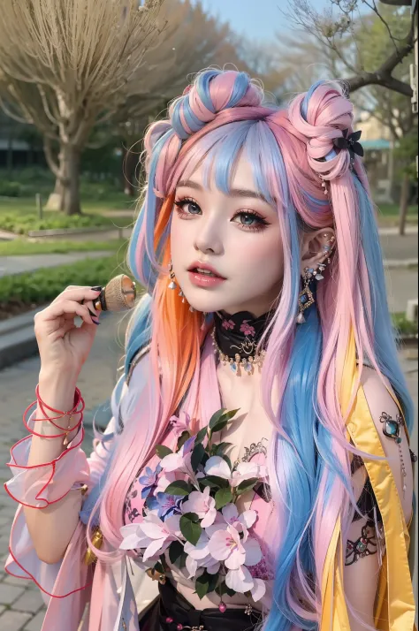 in a beautiful park，A modern woman. It has a very colorful and eye-catching kawaii Gothic style.., Stylish makeup and colorful wigs.