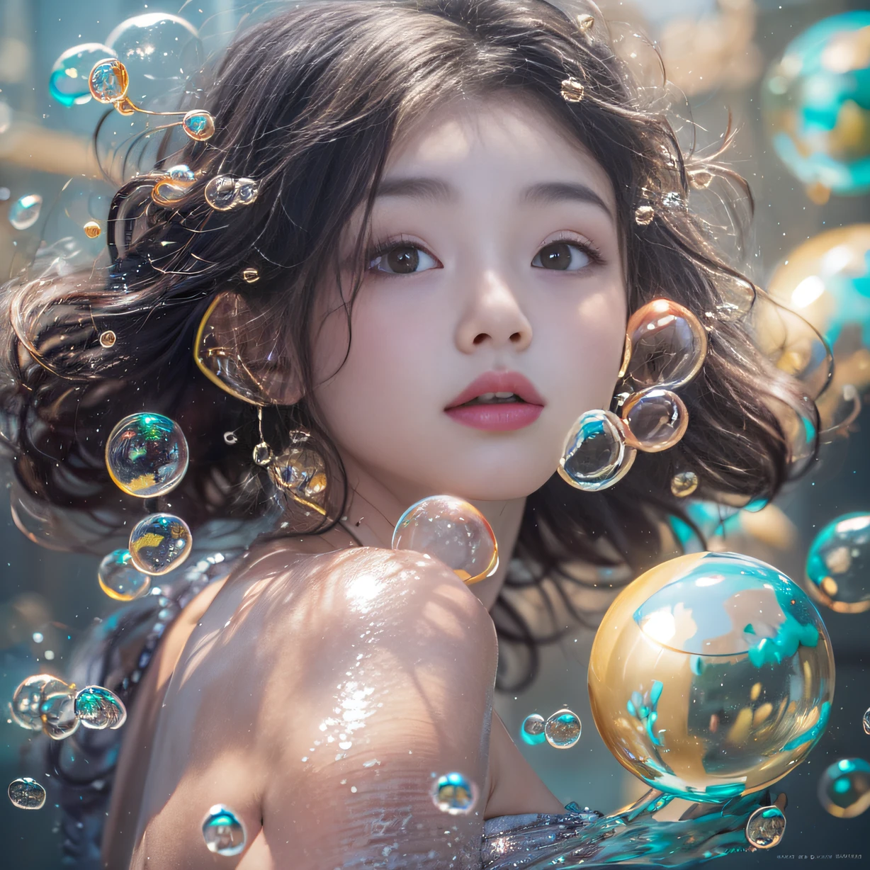32K（tmasterpiece，k hd，hyper HD，32K）Ball-tipped curls，Flowing bubbles，ponds，zydink， a color，  Asian people （water sphere）The background is pure， A high resolution， the detail， RAW photogr， Sharp Re， Nikon D850 Film Stock Photo by Jefferies Lee 4 Kodak Portra 400 Camera F1.6 shots, Rich colors, ultra-realistic vivid textures, Dramatic lighting, Unreal Engine Art Station Trend, cinestir 800，Large roll bubbles，Flowing bubbles，（Top quality true texture skin), Delicate face,Black hair, Gradient hair,  body,（perfect bodies：1.1）, There are precious stones on the forehead,Sparkling pupils，long eyelasher,grin, hyper photorealism, Cinematic lighting, projected inset,