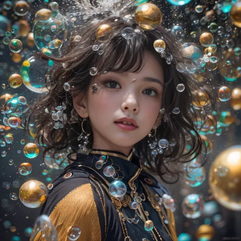 32K（tmasterpiece，k hd，hyper HD，32K）Ball-tipped curls，Flowing bubbles，ponds，zydink， a color，  Asian people （water sphere）The back...