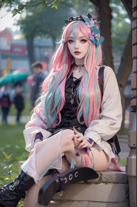 in a beautiful park，A modern woman. It has a very colorful and eye-catching kawaii Gothic style.., Stylish makeup and colorful wigs.