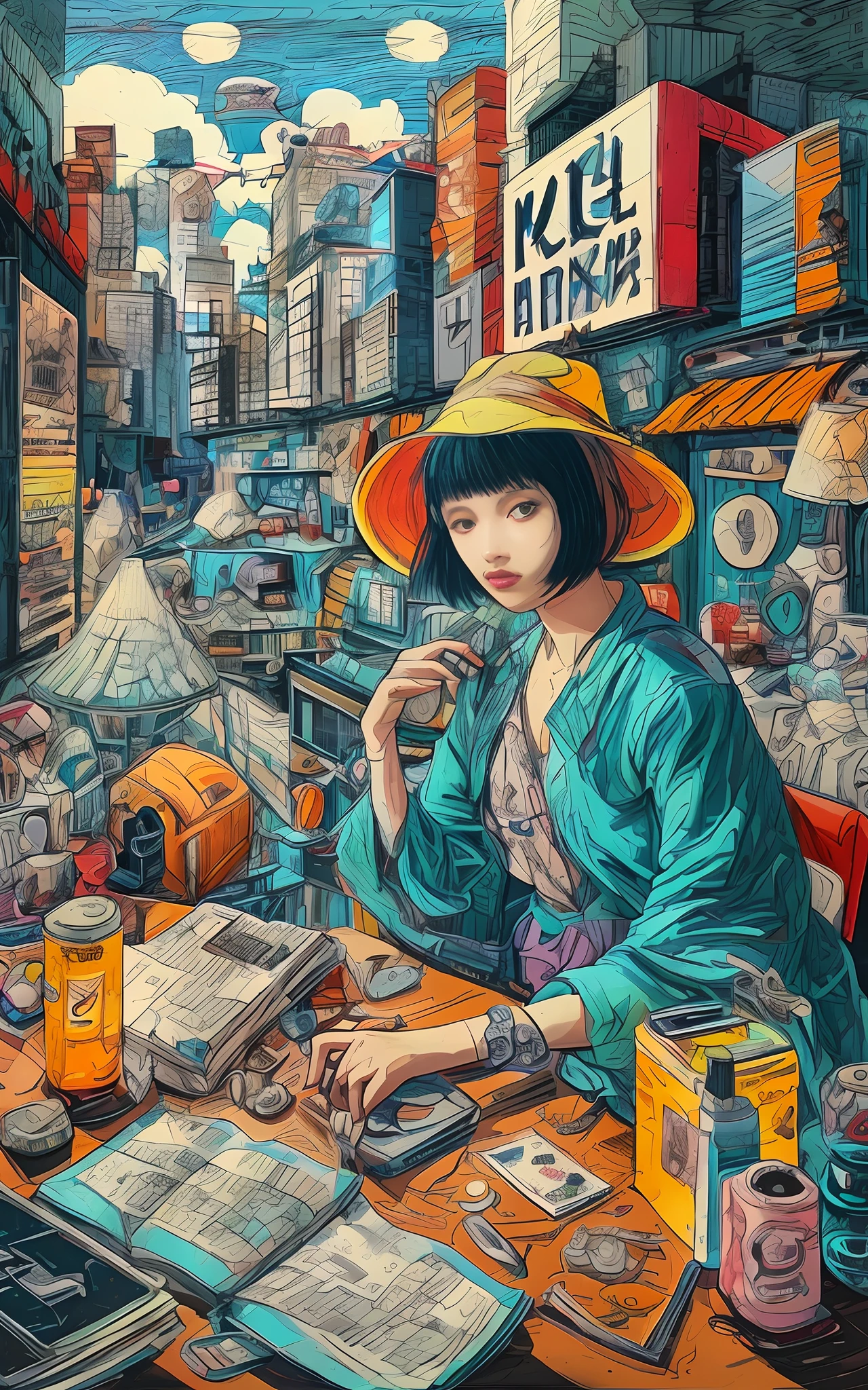 Drawing of a woman sitting at a table holding a book, Victoshai! cmyk palette, pop japonisme 3 d ultra detailed, artwork in style of sheng lam, victo ngai style, Anson Maddox, illustrative art, victo ngai cyberpunk style, ( ( Victoshai ) ), a beautiful artwork illustration