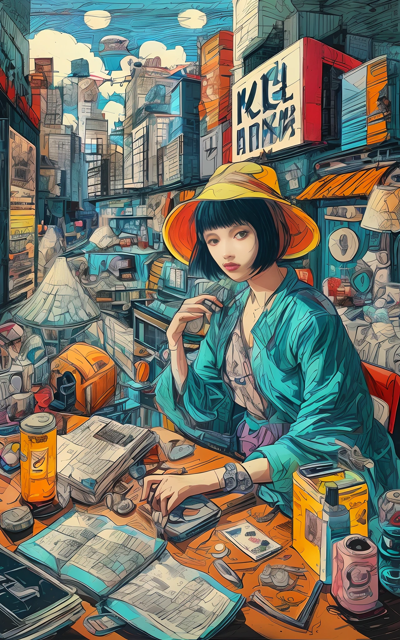 Dibujo de una mujer sentada en una mesa sosteniendo un libro, Victoshai! paleta cmyk, pop japonismo 3 d ultra detailed, obra de arte en estilo sheng lam, estilo ngai derrotado, Anson Maddox, arte ilustrativo, estilo cyberpunk ngai derrotado, ( ( Victoshai ) ), Una hermosa ilustración artística.