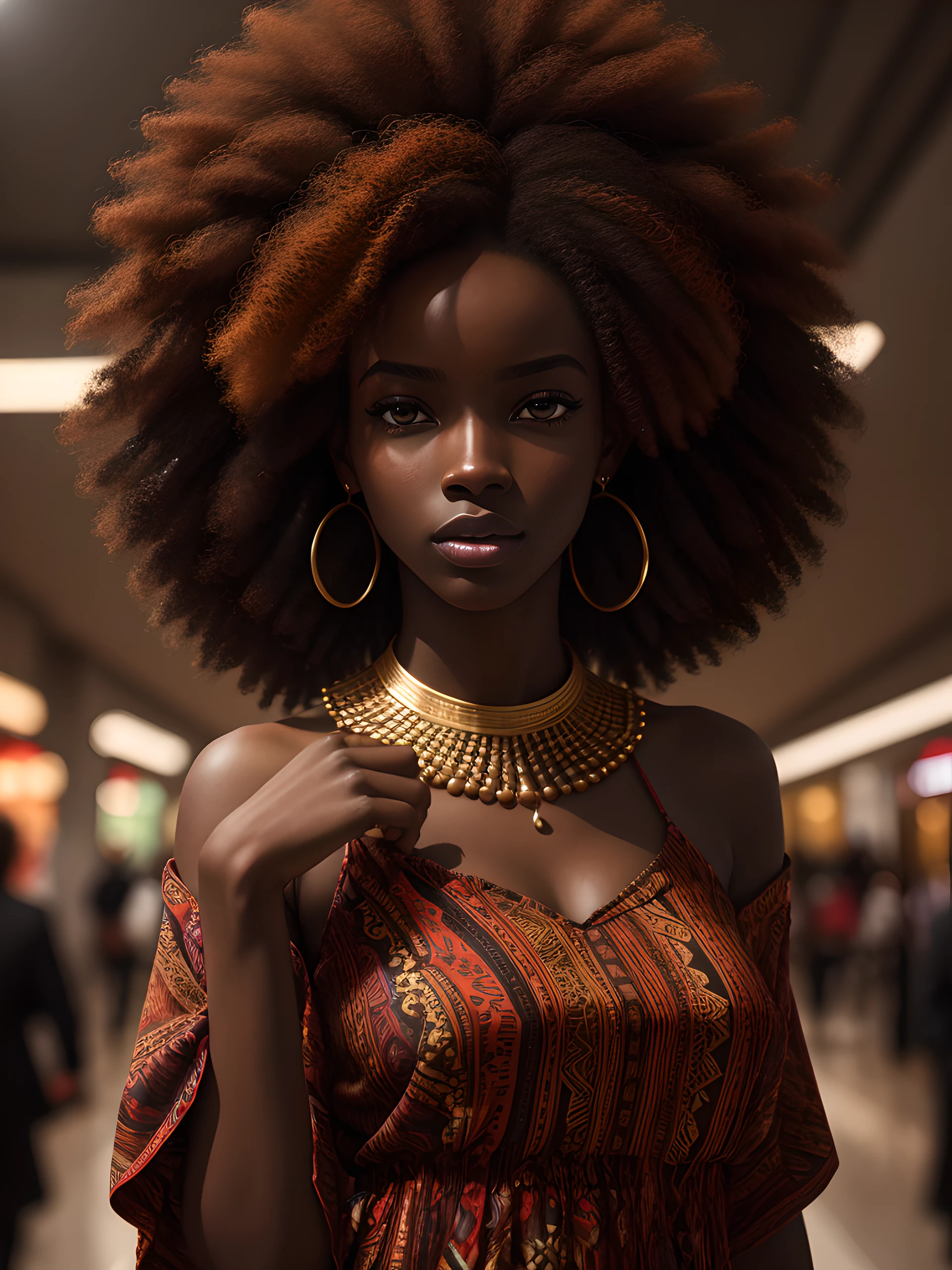 Top Quality, Photorealistic, 8K, High Definition, absurd res, high res, ultra sharp, masterpiece, (masterpiece), best quality, expressive eyes, perfect face, Super eyes, masterpiece, there is a woman with a very large afro hair posing for a picture, with afro, dark-skinned, afro, maria borges, dark skinned, brown skinned, afro hair, vibrant hues, adut akech, photo of a black woman, big afro, curly afro, dark skin, dark skin tone, red afro, long afro hair, with brown skin, at the mall