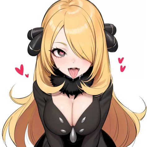 (masterpiece), (best quality)
BREAK cynthia \(pokemon\), fur collar, black coat, fur-trimmed coat, black shirt, black pants, looking at viewer, smile, heart-shaped_pupils, hand on chin, blonde hair, ahegao, tongue out, drooling