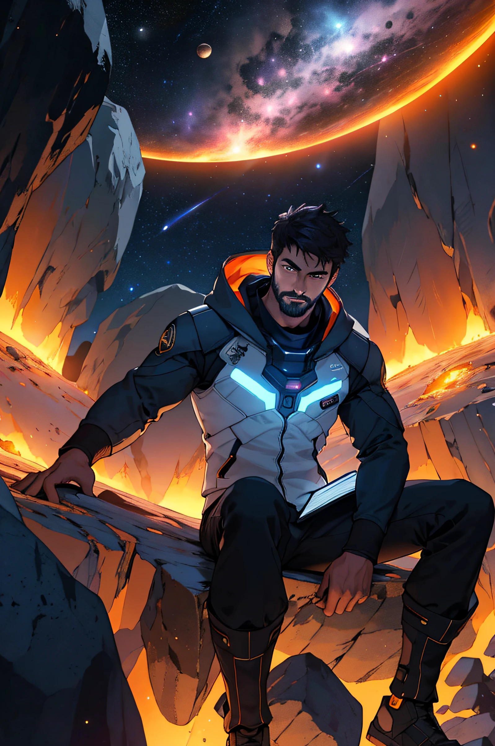 Draw a young programmer, sitting on a research platform floating in the middle of an asteroid belt. He is studying with a notebook, surrounded by several asteroids glowing with fiery auras. Dramatic lighting from distant stars and planets illuminates the scene, casting deep shadows on the suit. The young man looks confident and determined, looking at the vast and mysterious universe with wonder and respect,facial hair, cowboy shot,