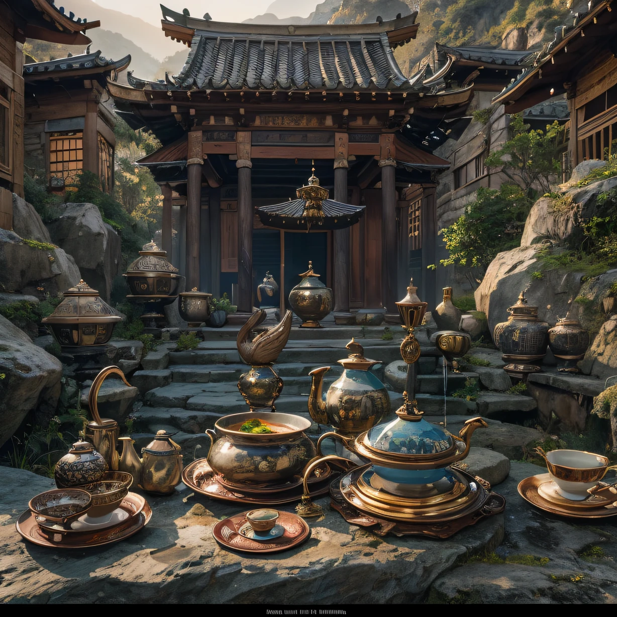 Top picture quality，8K,Meeting site，In the canyon ancient temple，All look at the desktop，Six male immortals，Black gold python robe crane embossed，Gourd tea set，Six dishes and one soup，A master piece of telephoto photography，Realisticstyle，hyper photorealism, Cinematic lighting, projected inset,