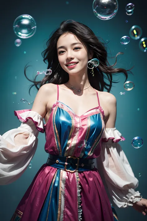 32K（masterpiece，hyper HD，32K）Ball-tipped curls,colorful theme,((Flowing bubbles:1.3)) ,1 cute girl,water sphere:1.3,The backgrou...