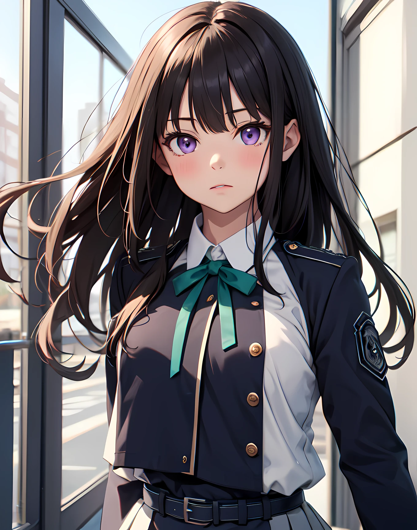 masterpiece, best quality, {best quality}, {{masterpiece}}, {highres}, illustration, 1girl, inoue takina, long hair, bangs, black hair, (purple eyes:1.2), blush, shirt, long sleeves, dress, ribbon, , white shirt, collared shirt, belt, neck ribbon, blue dress, green ribbon, pleated dress, grey dress, two-tone dress, blue belt, lycoris uniform, looking at viewer