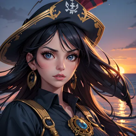 (best quality,realistic:1.37),Pirate woman,excited,beautiful,detailed eyes,detailed lips,intricate outfit,mature,blue colors,elaborate dress,fierce expression,sailing ship at sunset,dangling earrings,ornate hat,sharp sword,navy background,adventurous,nauti...