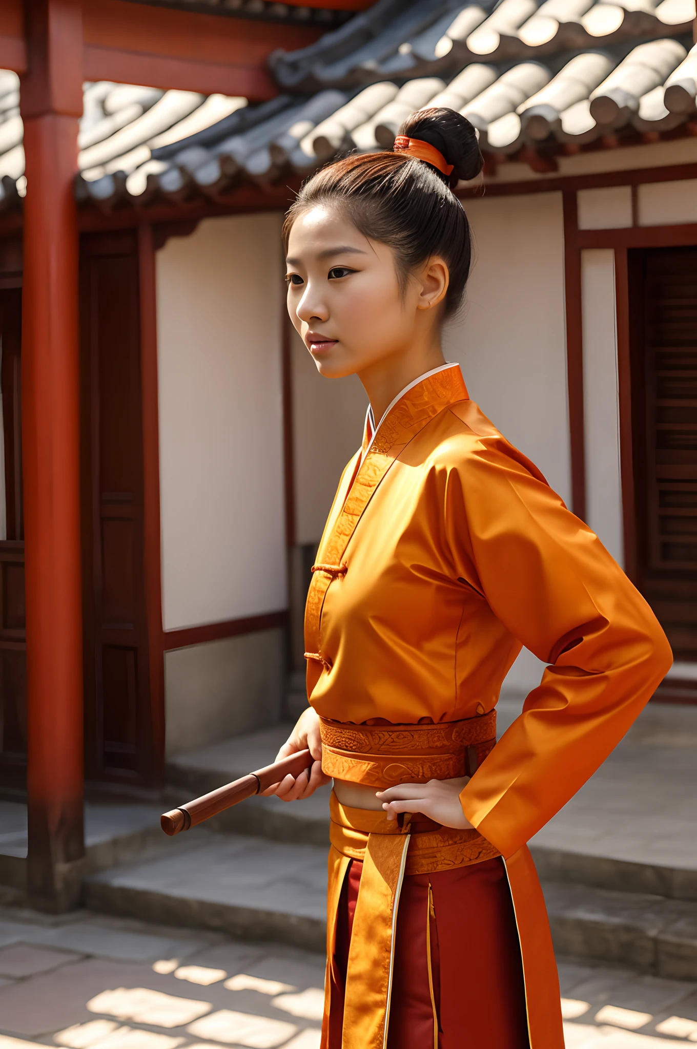 a human female character, chinese type,hairbun,ancient hairsticks on her head, age around 20, small breasted, in a traditional orange wudang outfit, athletic, 165 cm height, 55 kg weight, brown eyes