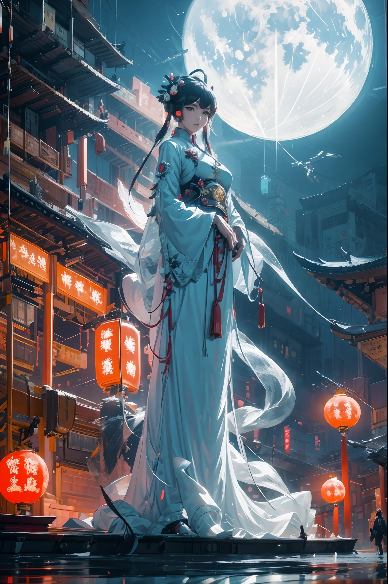 A woman，China-style，flowy，Mechanical wings，A huge bright moon，Practice uniforms，long  skirt， k hd，8K，perfect pubic，scifi style，Chinese style building，cyberpunk city in the distance，Rocket launch tower