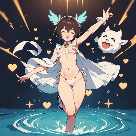 solo person，undertale，frisk，Close your eyes，Charming，Evil laughter，sexy for，Nipple patches，X-rated，Get wet，Open chest and breasts，Open navel，pantyless，no-bra，stocklings，Full body standing painting，tempting pose，with short brown hair，the detail，Blue sex cos...