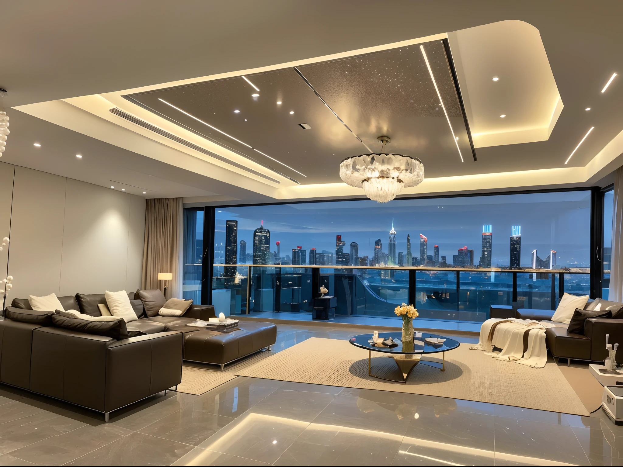 Arafed view of a living room with a large window and a city view 