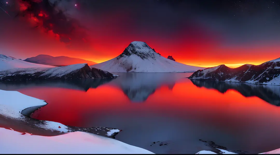 ((Masterpiece:1.4,Best Quality)), Clear starry sky
(lake), Volcanic lake, scenery, skye, winter,
(midynight:1.4),Morning Red, hi...