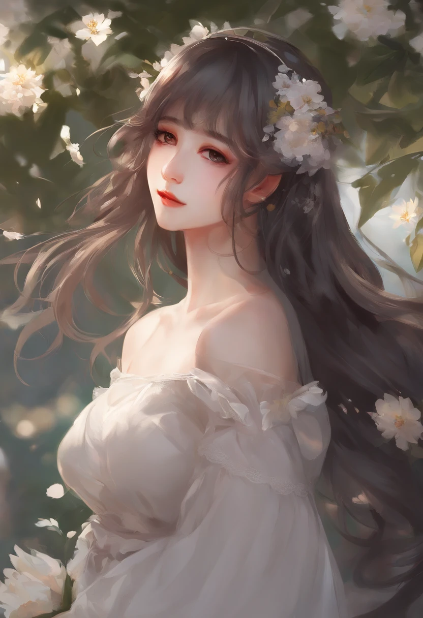 garota estilo anime com cabelos longos e flores no cabelo, waifu de anime fofo em um lindo vestido, linda garota de anime, Arte digital detalhada e fofa, lindo retrato de anime, guweiz no pixiv artstation, obras de arte no estilo de guweiz, Guweiz na ArtStation Pixiv, arte digital detalhada de anime, estilo anime 4k